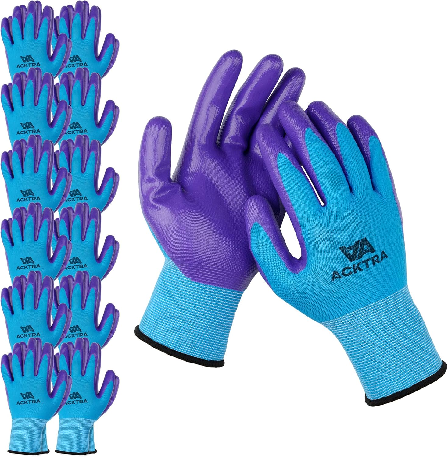 ACKTRA Nitrile Coated Safety WORK GLOVES 12 Pairs, WG003 Blue/Purple, Large