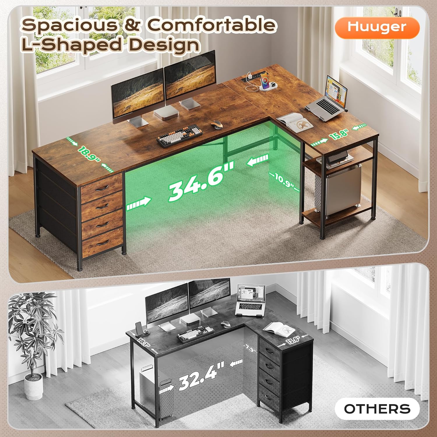 Huuger 63 Inch L Shaped Desk with Fabric Drawers, Computer Office Desk with Power Outlets and USB-C Port, Corner Desk with Storage Shelves, for Gaming Work Study Home Office, Reversible, Rustic Brown