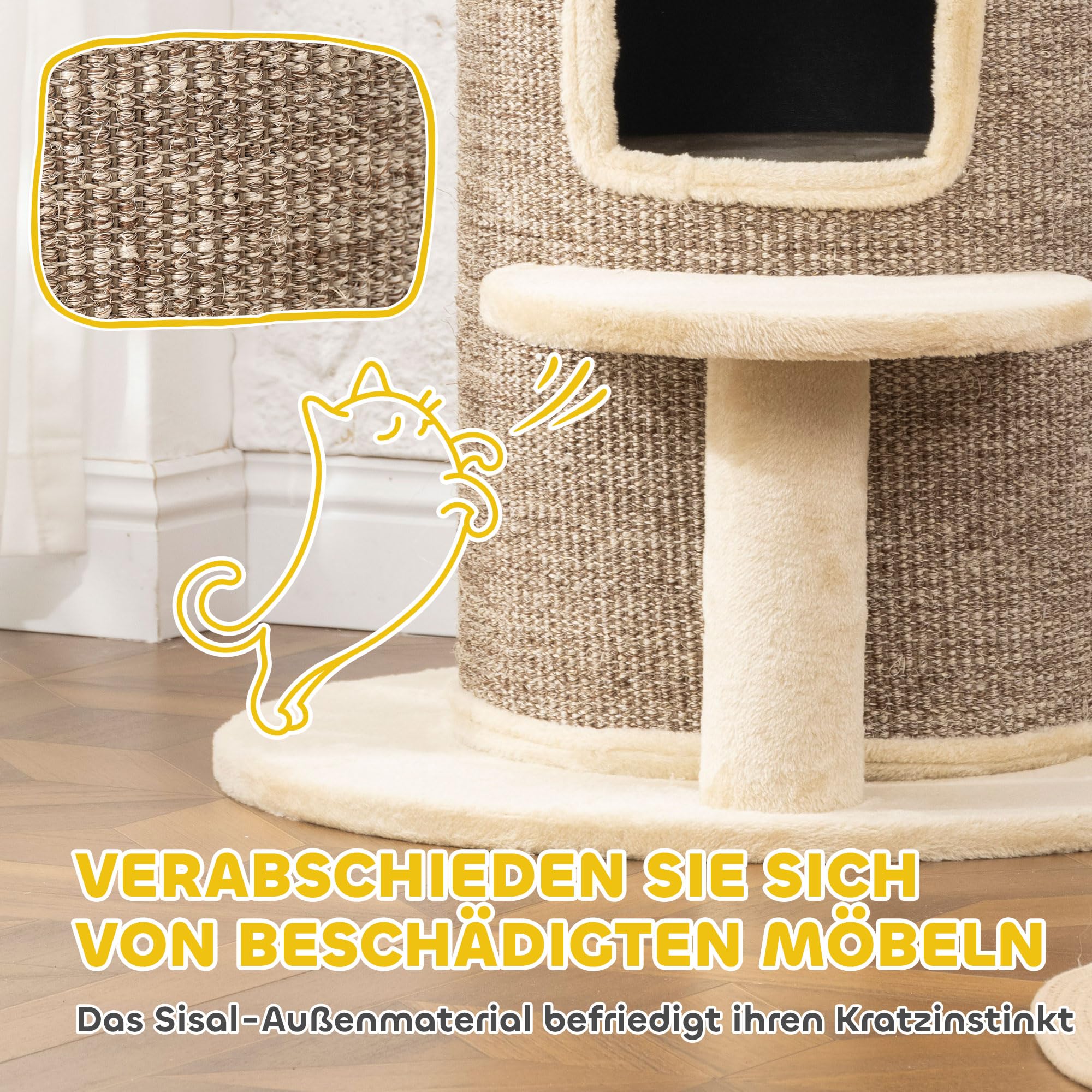 PawHut Kratztonne für Katzen, 61 cm Hoch Katzentonne mit 2 Höhlen, Kratzbaum mit Sprungplattform, Katzenturm aus Sisal, Plüsch, für kleine Katzen Beige