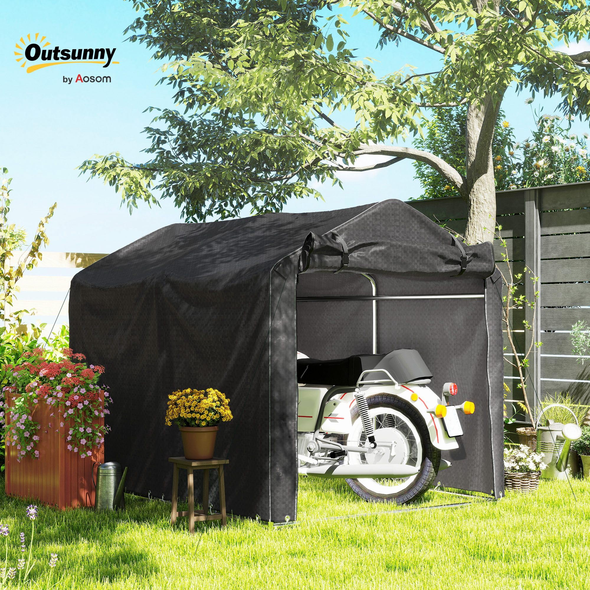 Outsunny Garagenzelt Wasserdicht mit Rolltür 220 x 157 x 165 cm Schwarz | UV-beständig, Fahrradabdeckung, Gerätehaus, Gerätezelt, Foliengerätehaus, Fahradgarage, Garage Für Aufsitzmäher