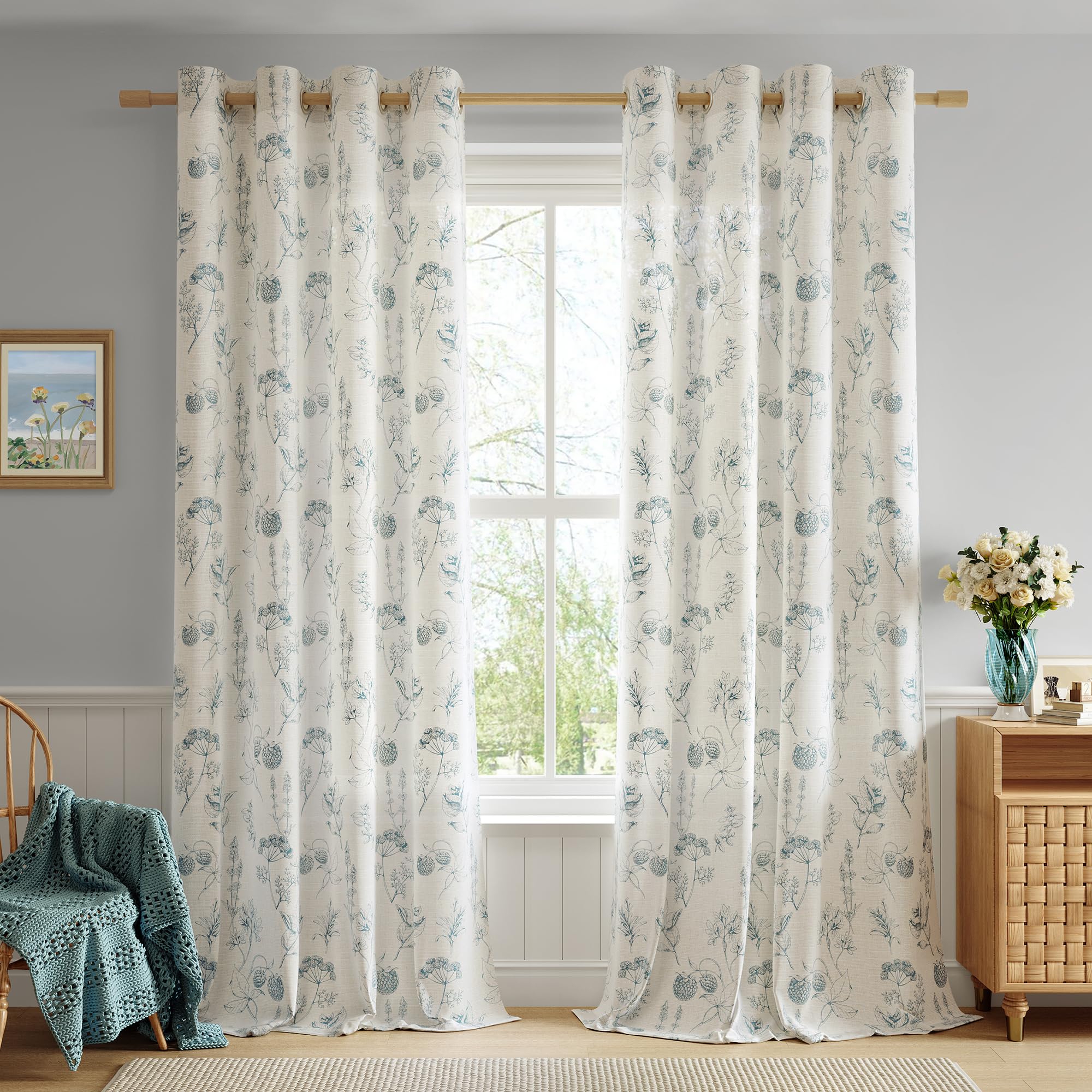 FMFUNCTEX Linen Curtains Floral Patterned Curtains for Bedroom Living Room, Blue Curtain 96 Inches Long Farmhouse, Light Filtering Beige Window Curtain Grommet Top 2 Panels Set