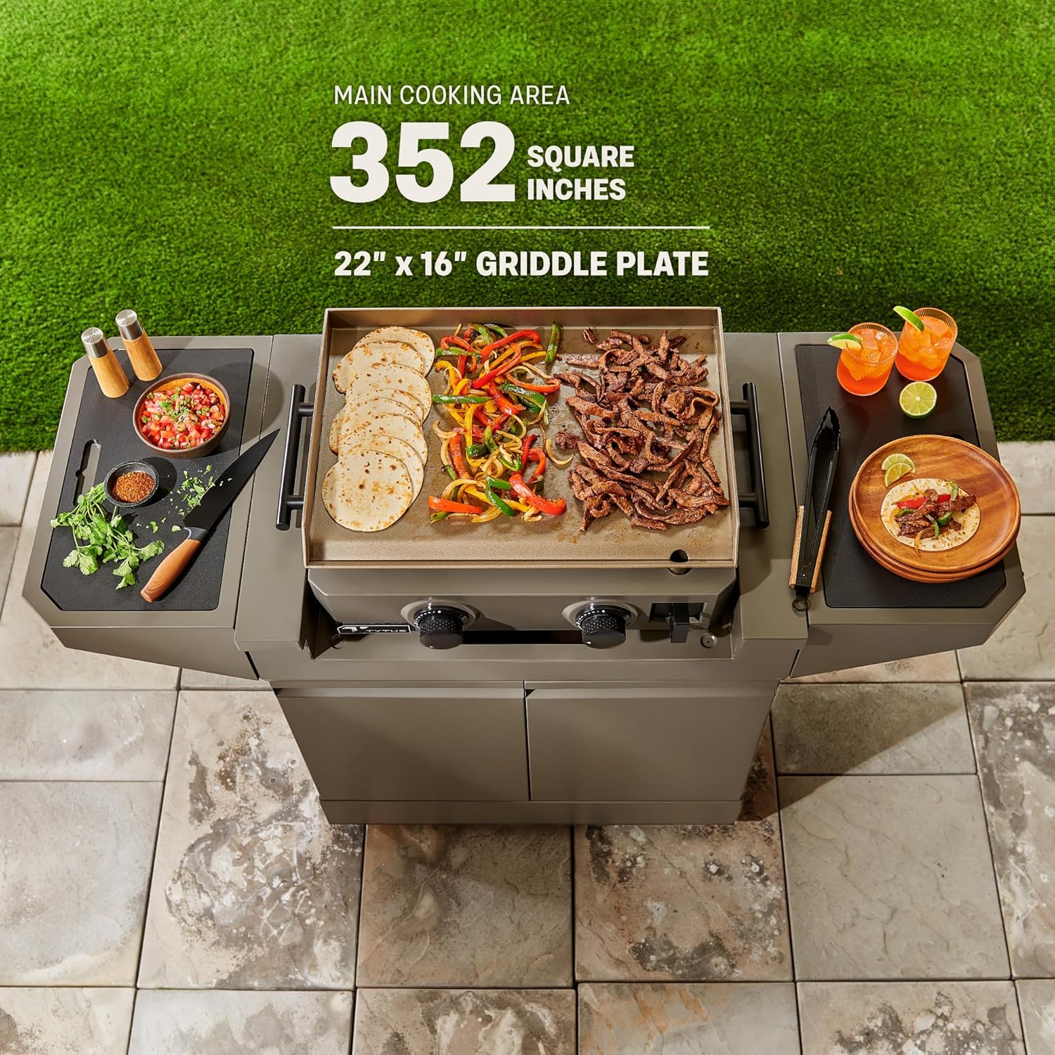 TYTUS Emberwood Outdoor Kitchen Island Grill Cart with Gas Griddle – 352 Sq. In. Cooking Surface, 4.7 Cu. Ft. Storage, Removable Cutting Boards & Quick Assembly – Rolling Kitchen Island