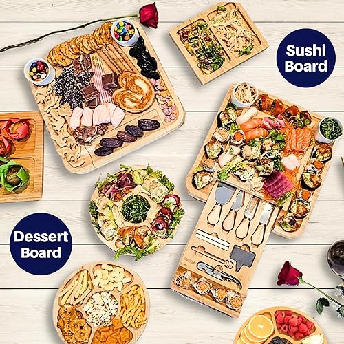 Miniatura 5 de Juego de regalo de tablas de embutidos grandes juego de tabla de queso y cuchillos de bambú, bandeja de queso, única para mamá, 10 accesorios de