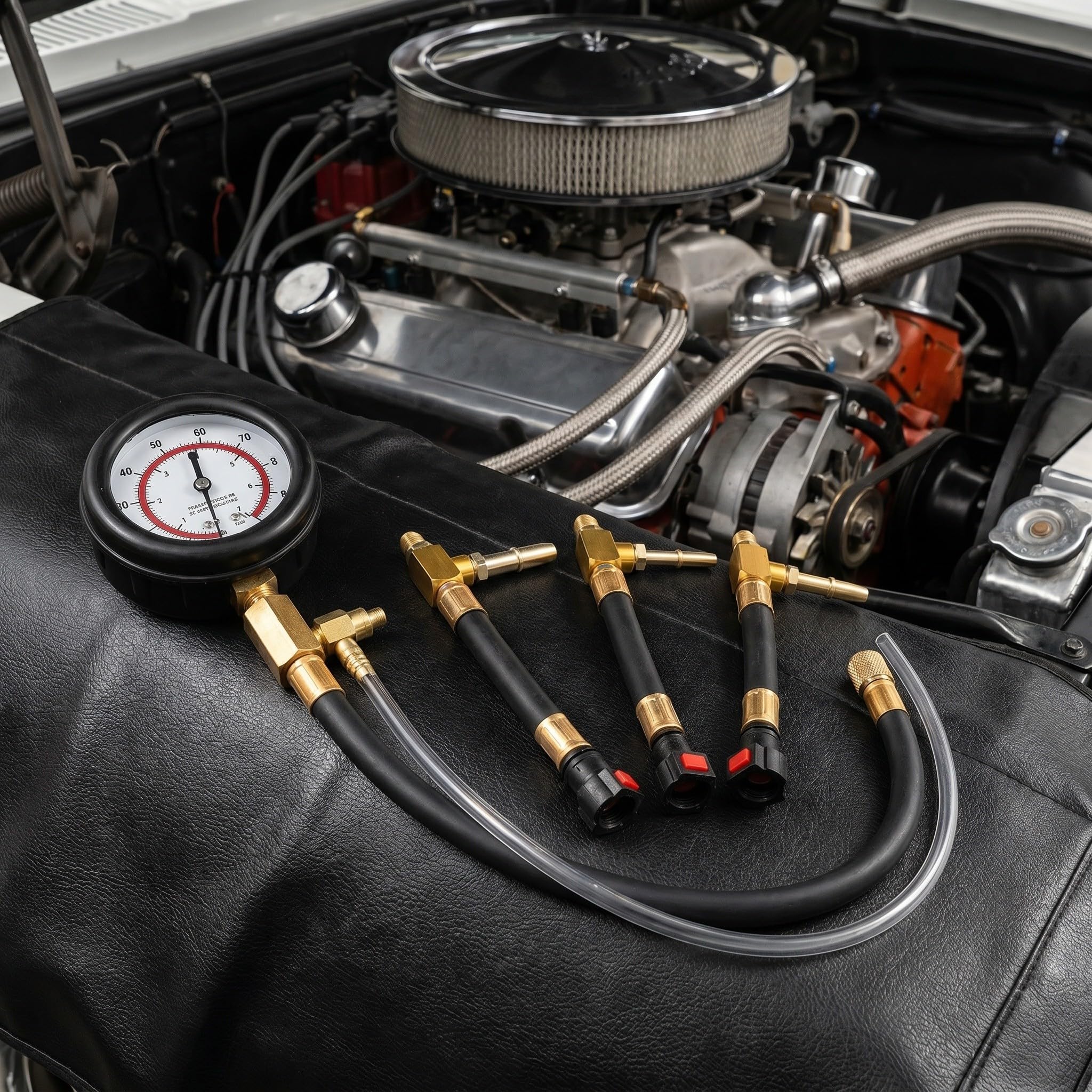 YARNOW 1 Juego de Kit de Prueba de presión de Combustible de 0 a 100 PSI con Conexiones de línea de Combustible de 6.3, 7.89 y 9.49 - Manómetro de presión de Gasolina, Herramienta de Prueba para