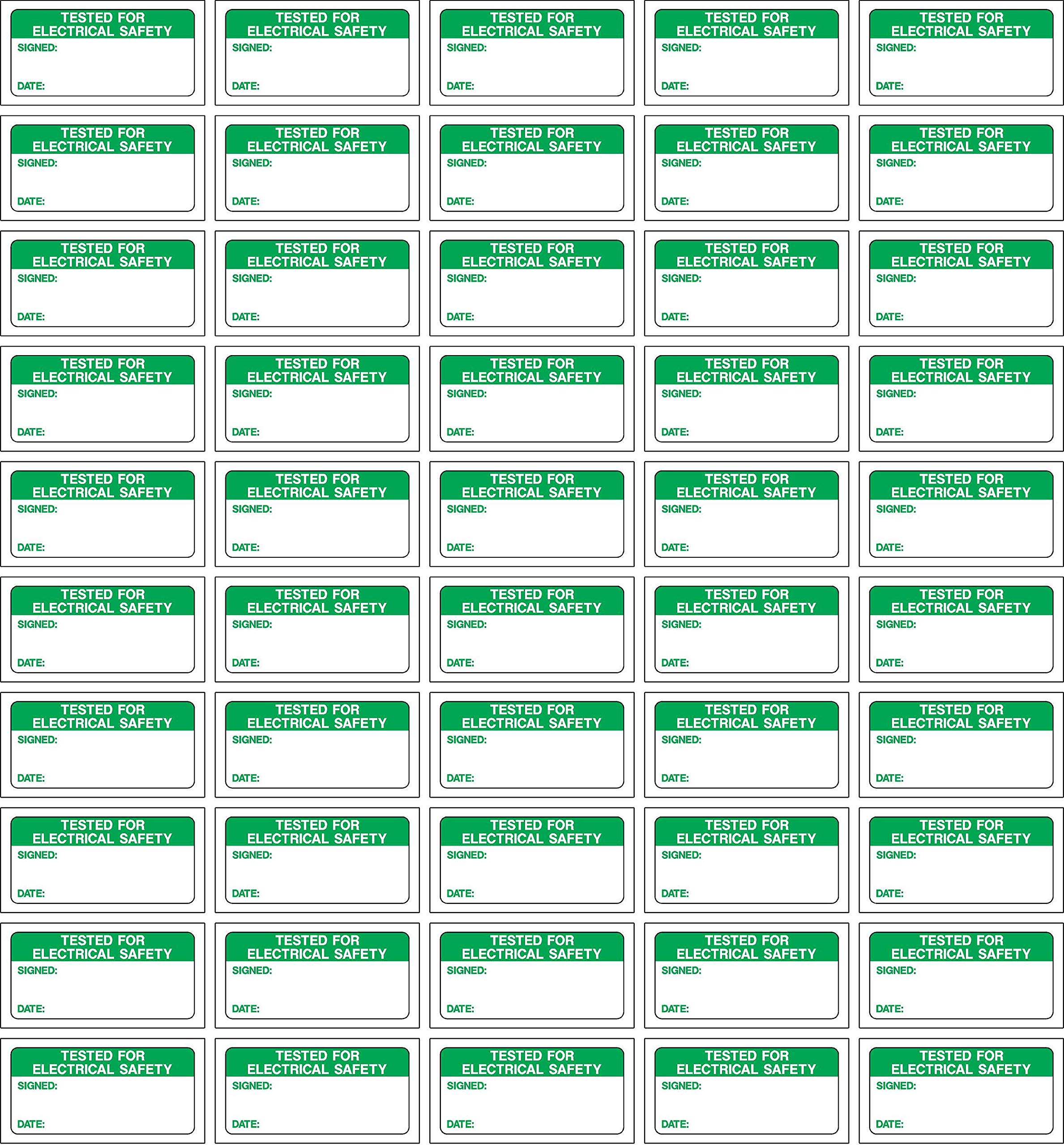 Quality control labels Tested for electrical safety, signed and date - 50 Stickers 40mm x 20mm