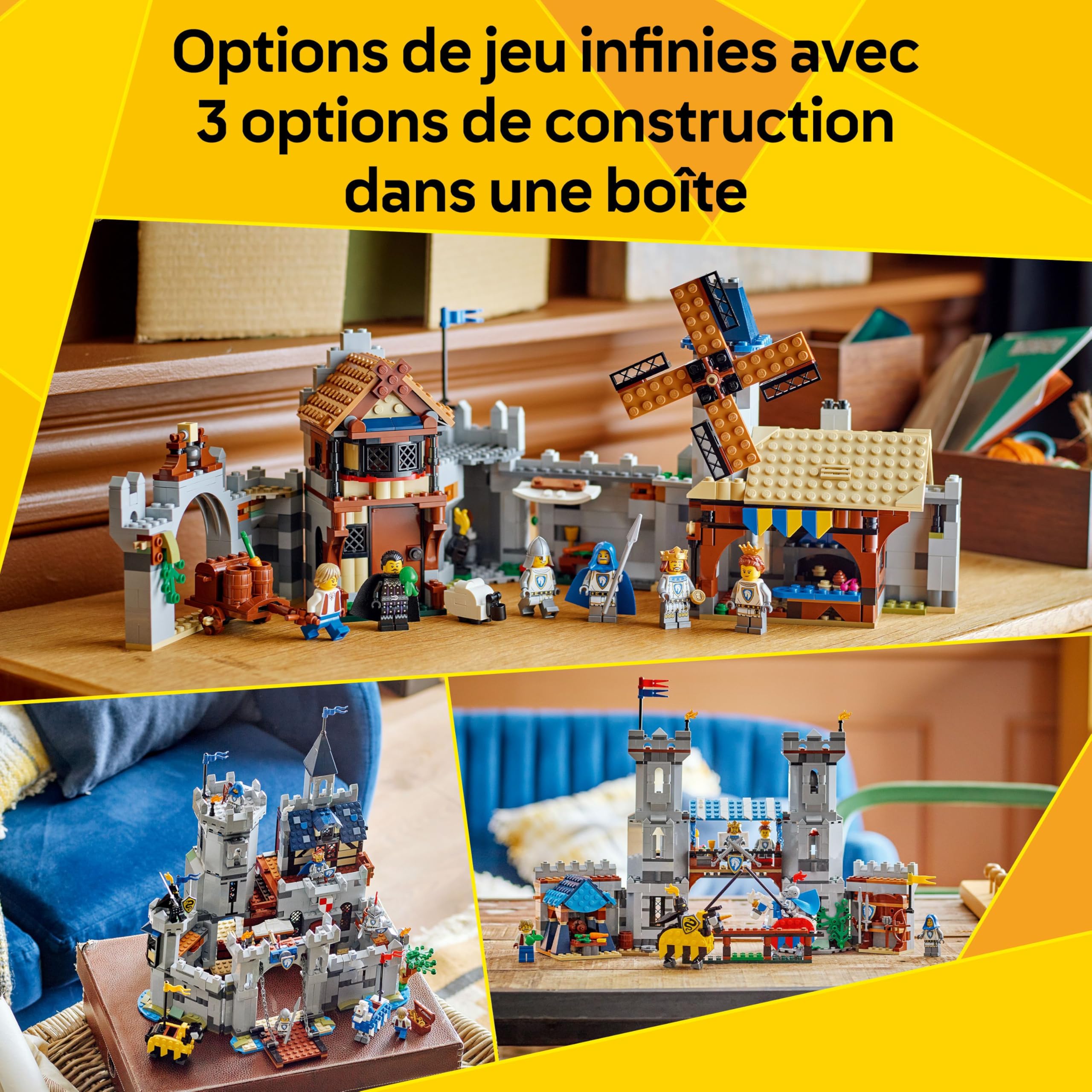 LEGO Creator 3-en-1 Le Château Médiéval des Chevaliers - Jouet se Transformant en Scène de Tournoi à Cheval ou en Village - 6 Minifigurines - Cadeau Original pour Garçon ou Fille dès 9 Ans 31168