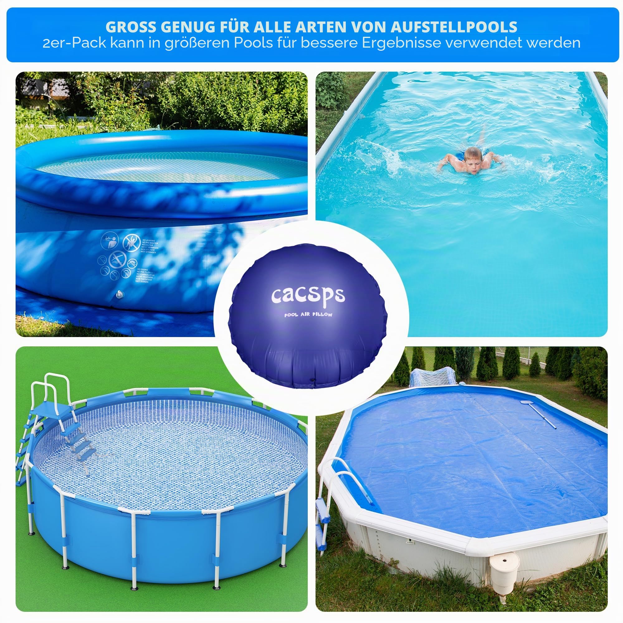 CACSPS Rundes Poolkissen für oberirdische Pools, 3 m Pool-Luftkissen zum Verschließen des Winterbeckens, Winterset für Bodenpool, 0,5 mm PVC-Material, 2 x 4,6 m Seil (blau)