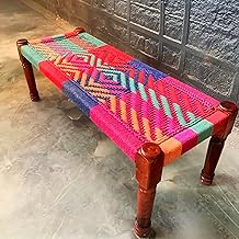 THE KASHTH Solid Wooden | Colorful Bench for Seating | Solid Sheesham Wood | Cotton Rope | Sitting Bench for Balcony - Home - Garden | Charpai | Colorful | Loft
