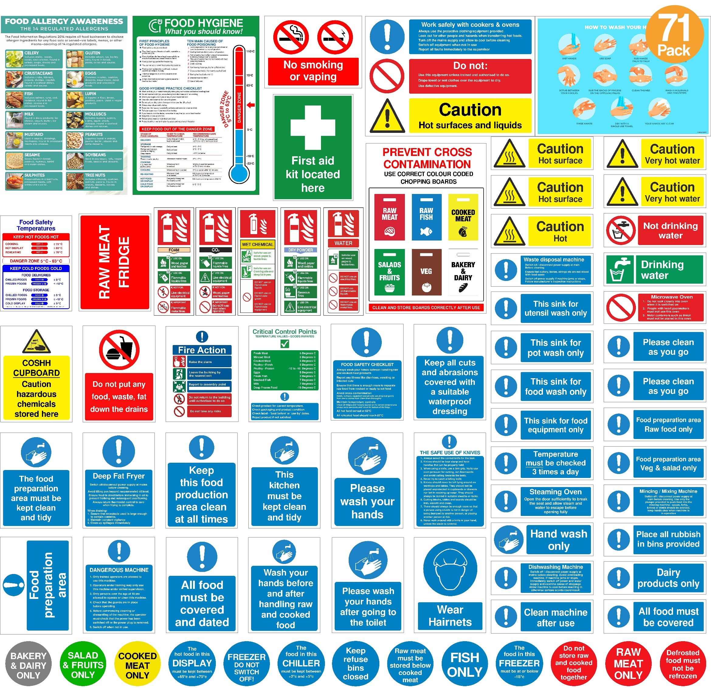 Rubigo Complete Kitchen Safety Signs Set – 71 Self Adhesive Waterproof & Heat-Resistant Stickers – ISO 7010 Compliant – Commercial Kitchen Use – Food Hygiene, Allergy, Fire Action – Bold & Clear (71)