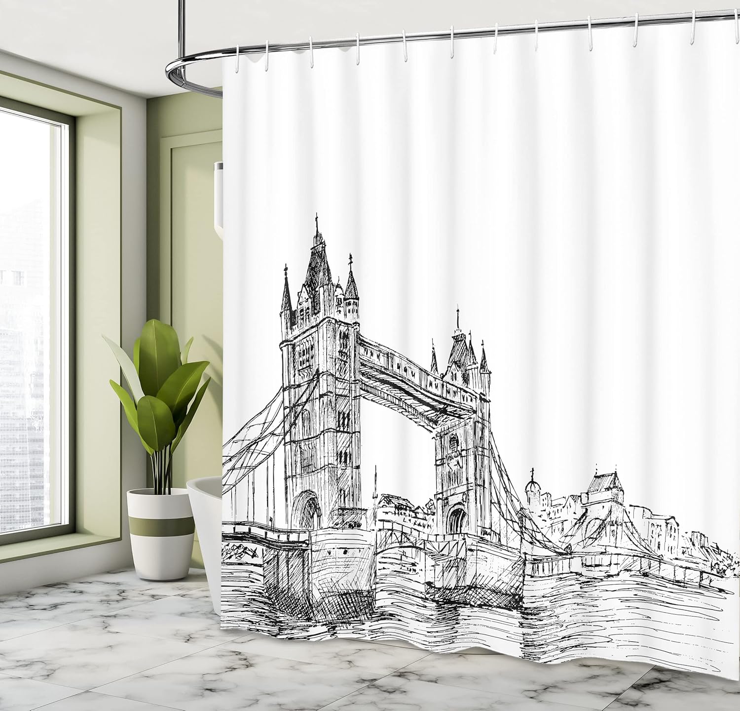Ambesonne Vintage Shower Curtain, Old Fashion London Tower Bridge Sketch Architecture British UK Scenery Art Print, Cloth Fabric Bathroom Decor Set with Hooks, 69" W x 75" L, White Black