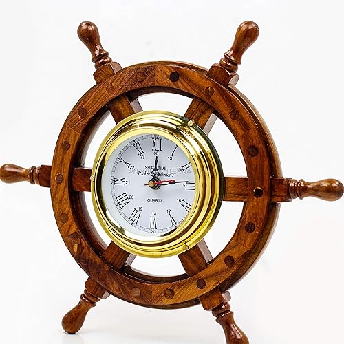 Nagina International, Deluxe Class - Reloj de rueda de barco de madera y latón de 12" - Decoración náutica para el hogar