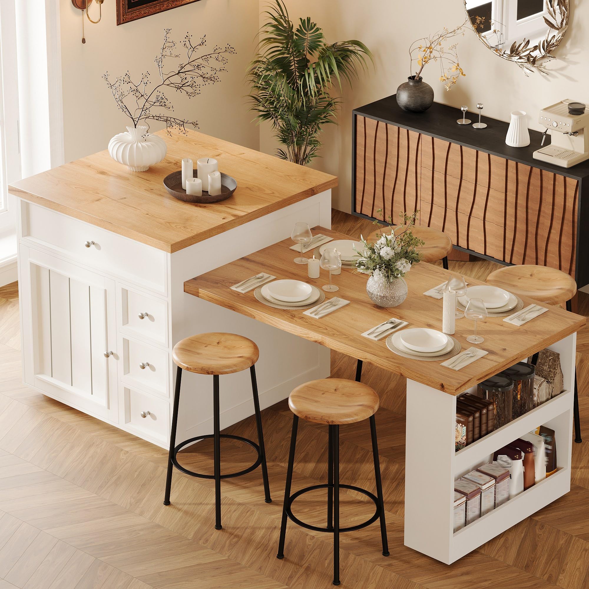 Ausziehbare Kücheninsel (120-184 cm) mit Schubladen und Rollen, fahrbare mit Holzoptik-Tischplatte, Vielseitige Thekeninsel für Küche, Esszimmer & Bartresen, Weiß
