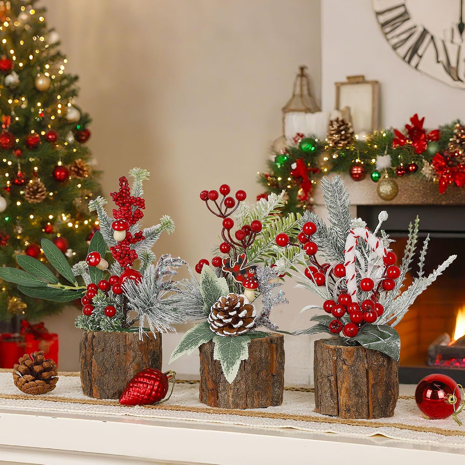 Lulu Home 3 Packs Christmas Table Decorations, Artificial Mini Christmas Trees Centerpieces with Red Berries Pine Cones for Xmas Tabletop Home Farmhouse Holiday Decor