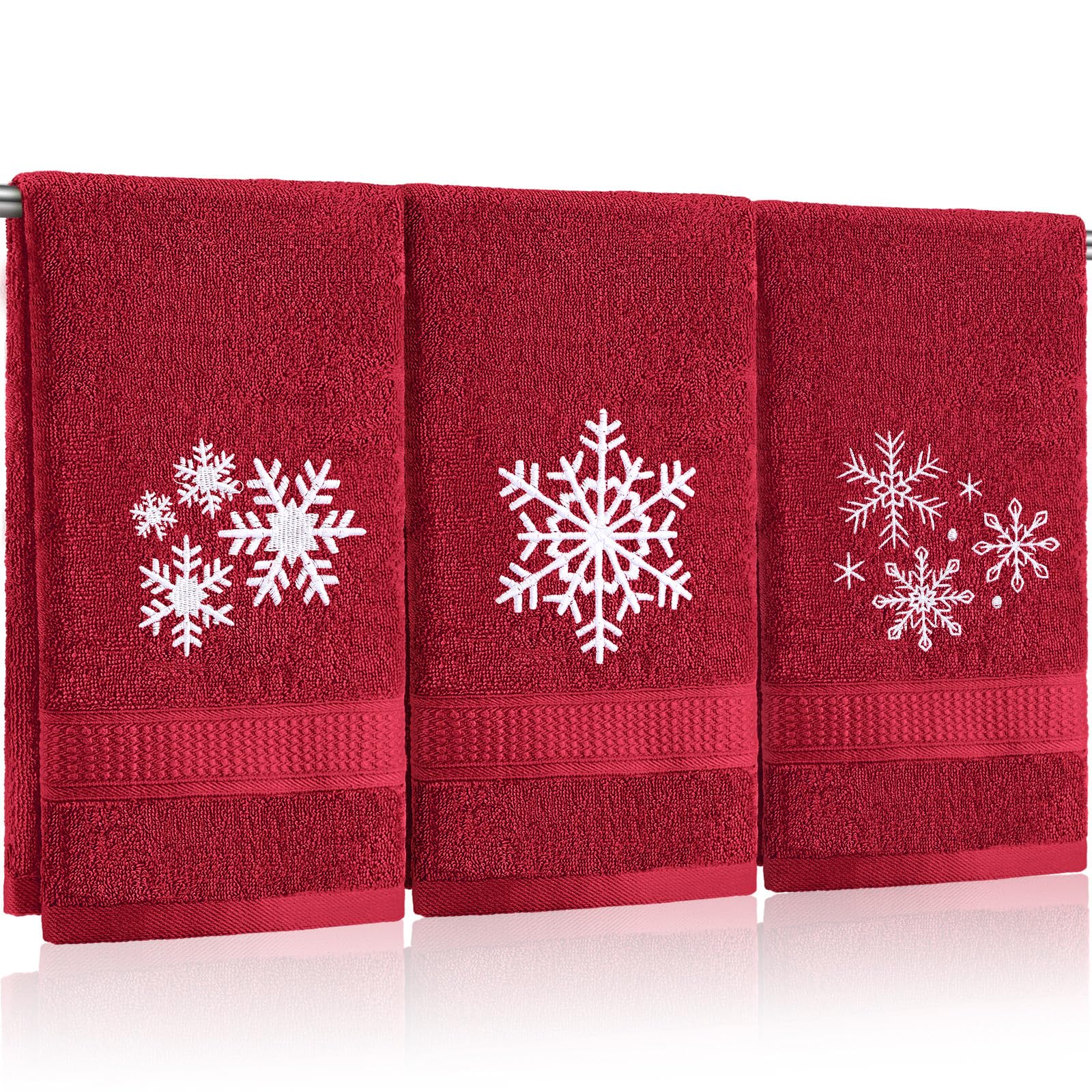 Hillsuren 3 Pcs Christmas Snowflakes Hand Towels Winter Embroidered Xmas Red Decorative Bathroom Towels Absorbent Soft Winter Kitchen Decor Set, 100% Cotton, 13.3 x 29.5''