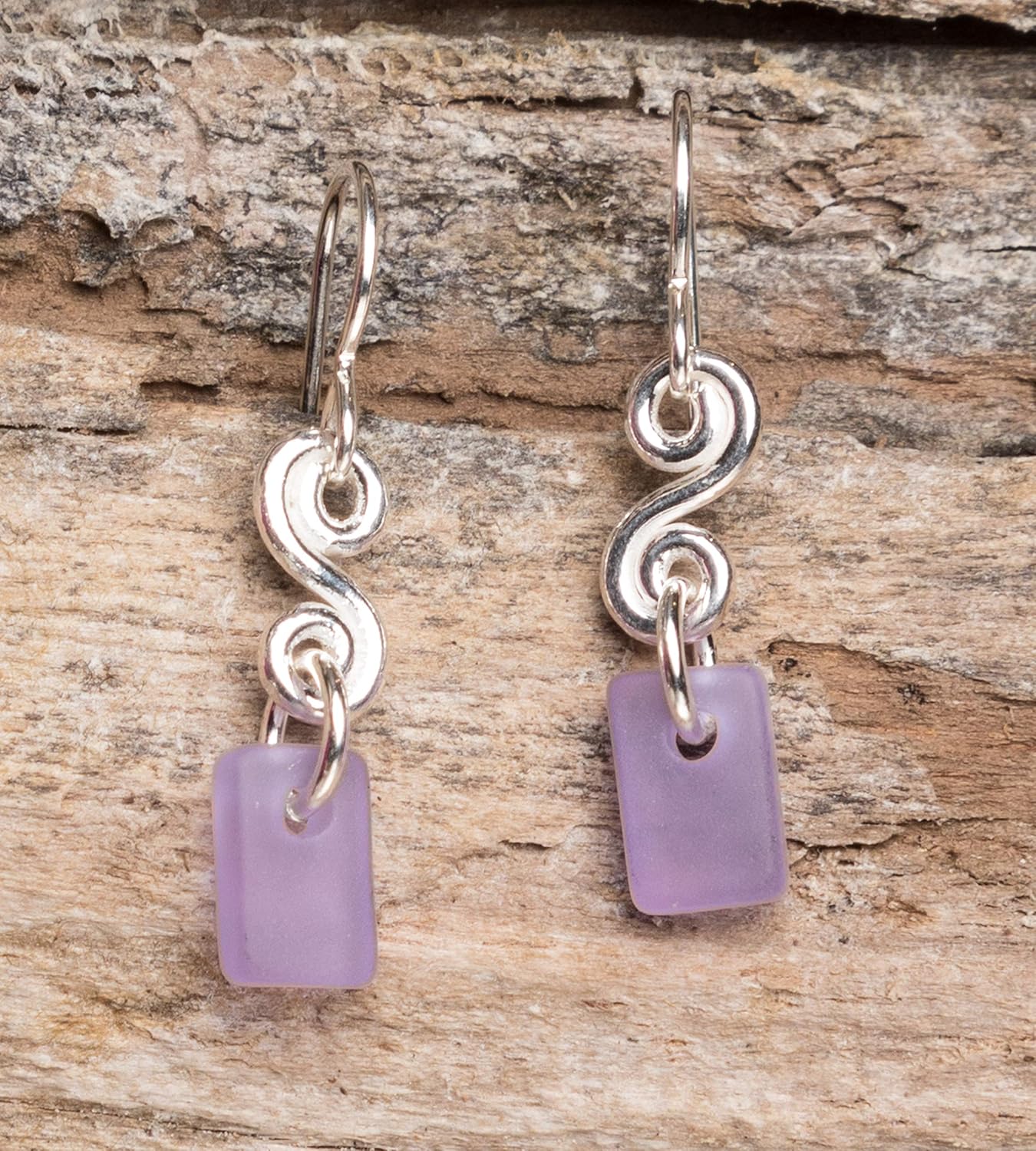 Sea Glass Curve Earrings - Sterling Drop Earrings by EcoSeaCo, using recycled and sustainable material. Handmade in the USA - Image 2