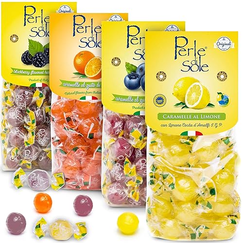 Perle di Sole Candy from Italy - Italian Hard Candy Individually Wrapped - Variety Pack Lemon Drops, Orange, Blackberry, Blueberry (Mix of 4 x