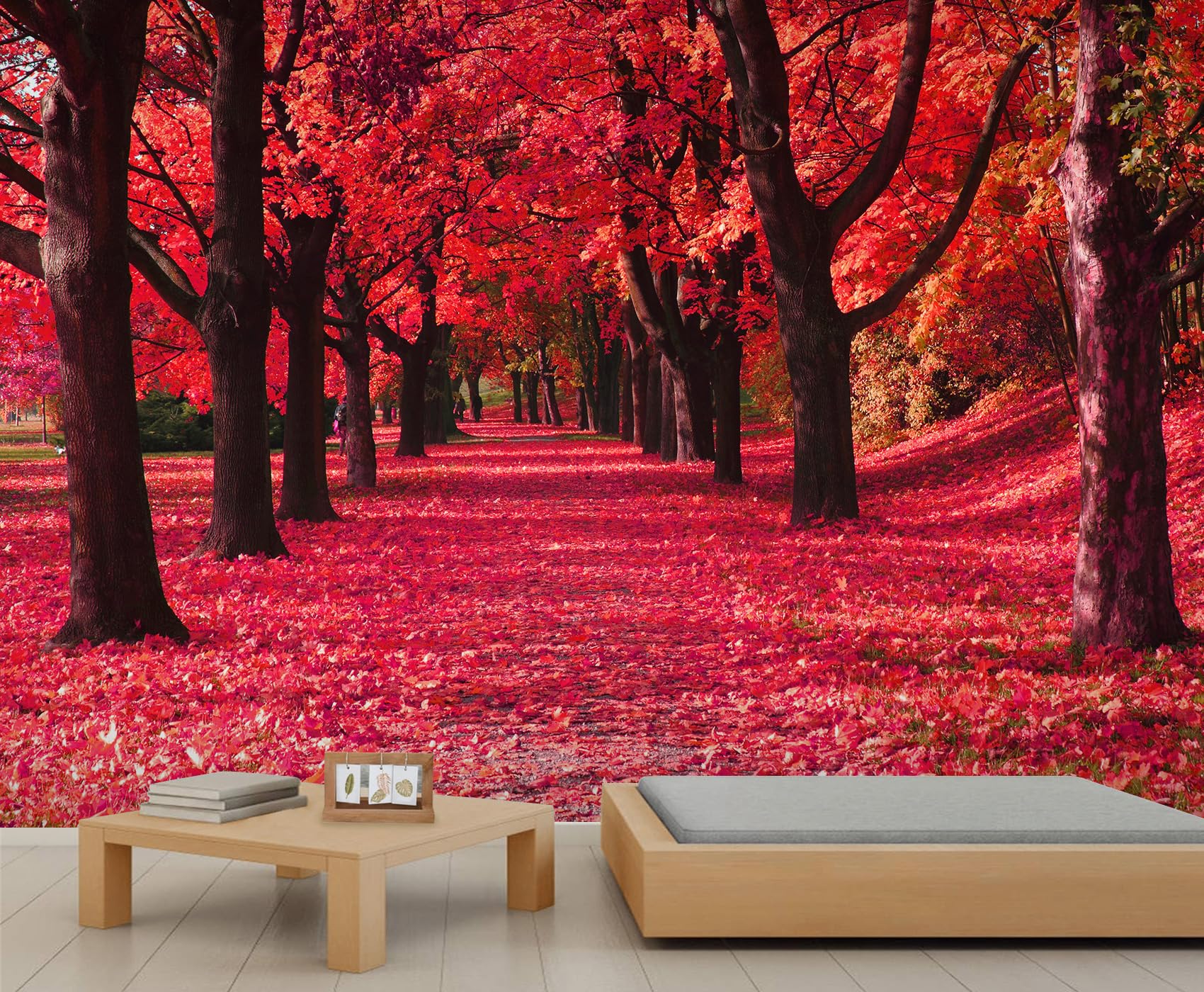 Forest Mural for Bedroom Red Maple Forest Mural Fallen Leaves Park Scenery Wallpaper Large Nature Wallpaper for Living Room Office Kitchen High Resolution 500 x 317 cm