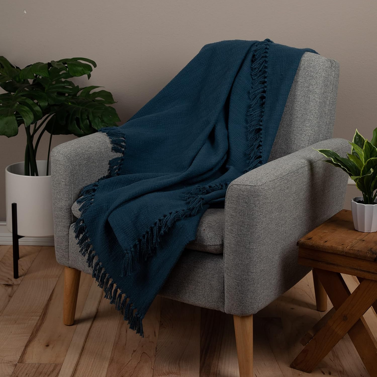 Sticky Toffee Woven Cotton Throw Blanket 60x50 in – Blue Navy Textured Blanket with Fringe for Couch or Bed, Thick and Durable Boho Decorative Throw - Image 6