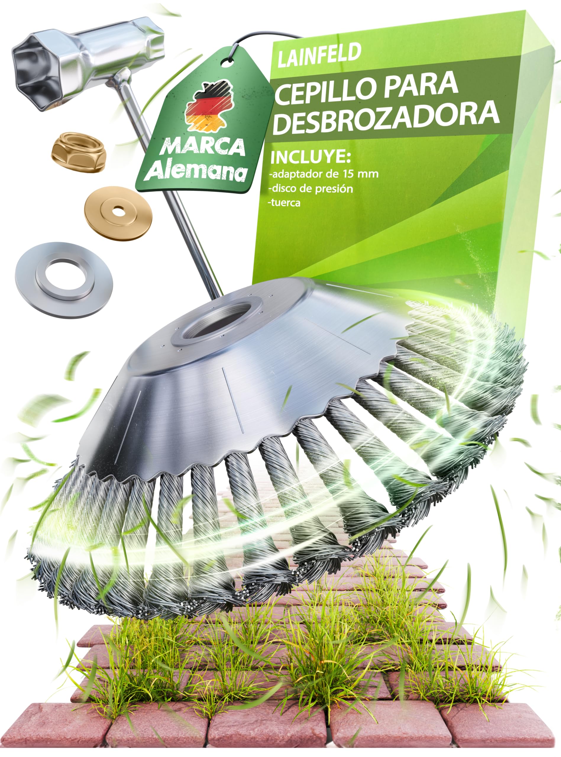 LAINFELD Cepillo para malas hierbas para desbrozadora y desbrozadora de motor | Ajuste universal incl. adaptador | Cepillo para malas hierbas con accesorio | Cepillo para hierbas silvestres, plateado