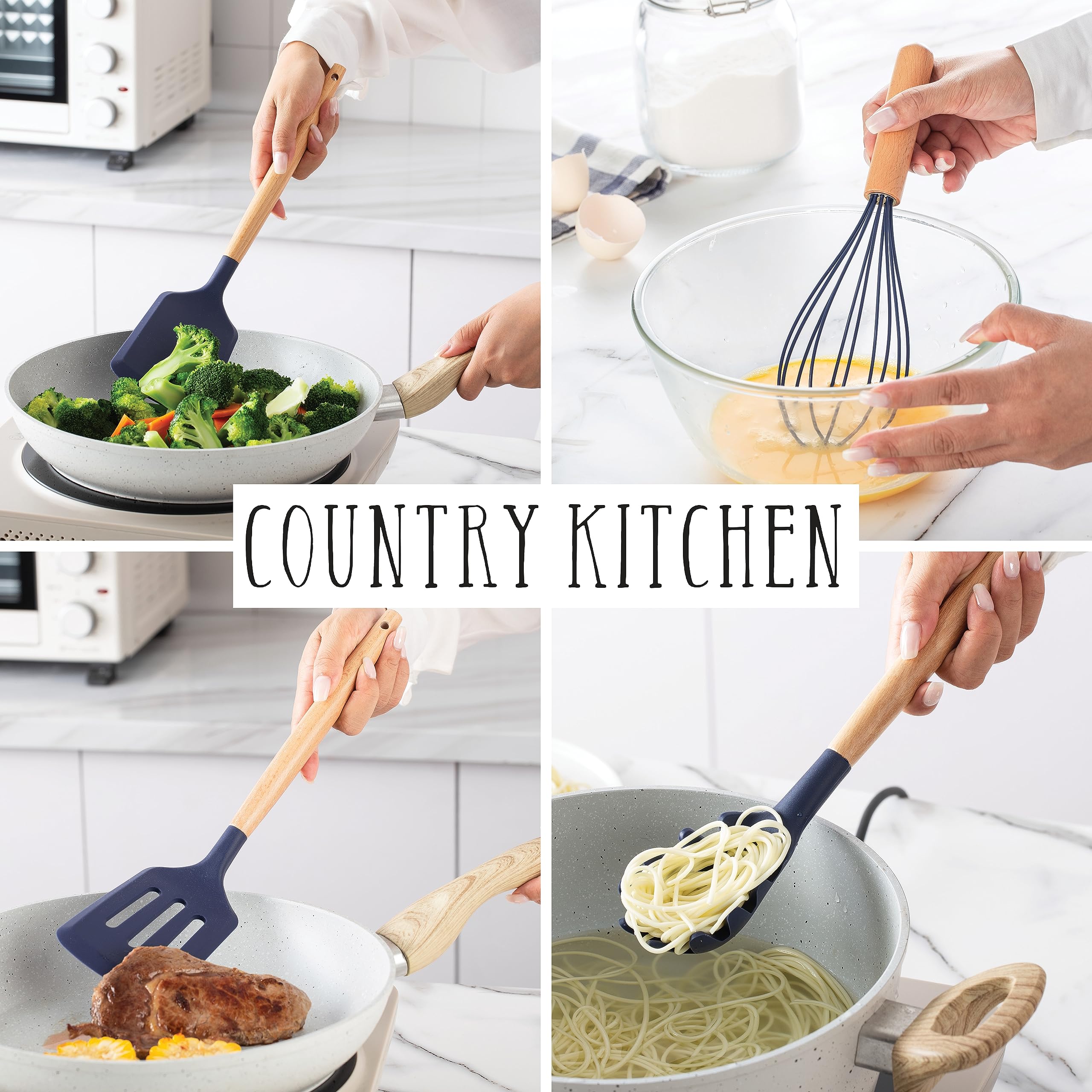 Country Kitchen Juego de utensilios de silicona antiadherente con asas redondeadas de madera para cocinar y hornear, juego de 38 piezas, azul marino