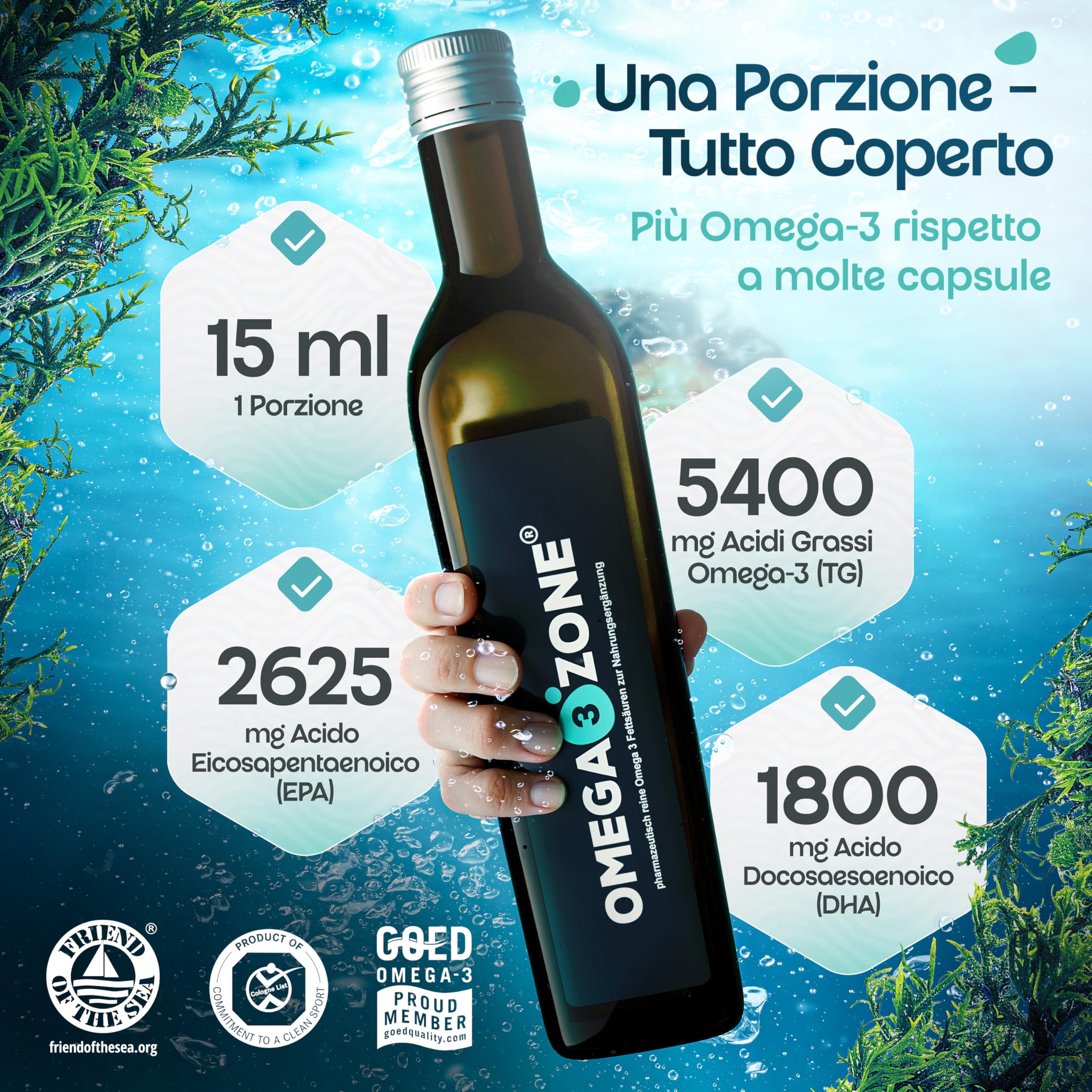 omega3zone Olio di pesce Omega 3 ad alto dosaggio - Omega 3 con 5400 mg per porzione - Olio di pesce premium - testato in laboratorio, prodotto in Germania - 500 ml (500ml, Limone-Zenzero)