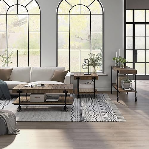 Miniatura 109 de Furniture of America Cleon Industrial - Juego de mesa de sofá y mesa de sofá con ruedas para sala de estar, color negro y roble rústico (3 piezas)