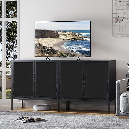 Brafab Aparador Buffet Gabinete con Almacenamiento, Armario Acento con Puertas Decoradas de Ratán Natural, Gabinete de Ratán, para Sala, Entrada,