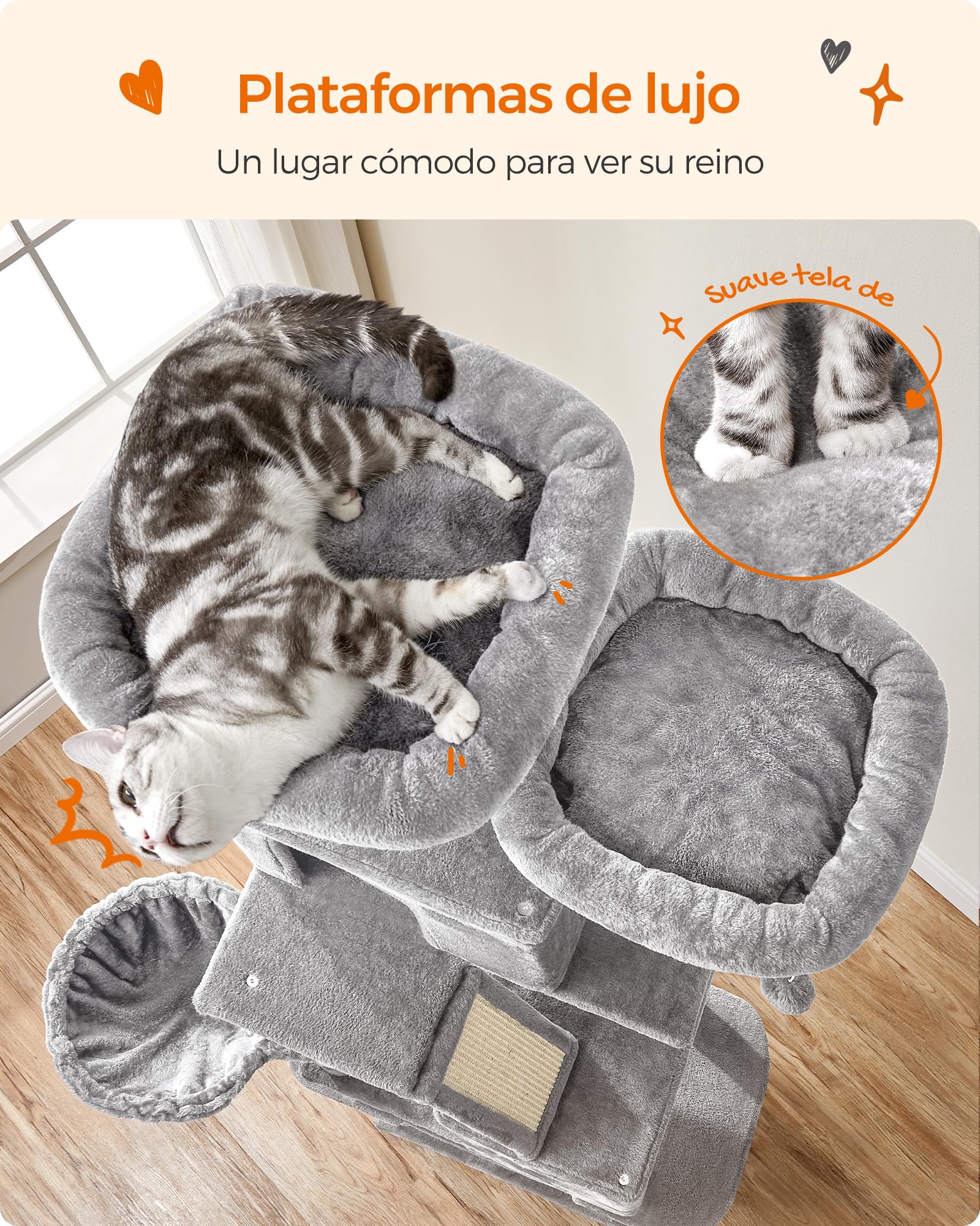Feandrea Árbol para Gatos Grandes, Torre de Gatos de 206 cm con 13 Postes, 2 Plataformas, 2 Cuevas, Cesta, Hamaca, Rascador Multinivel, Gris Claro