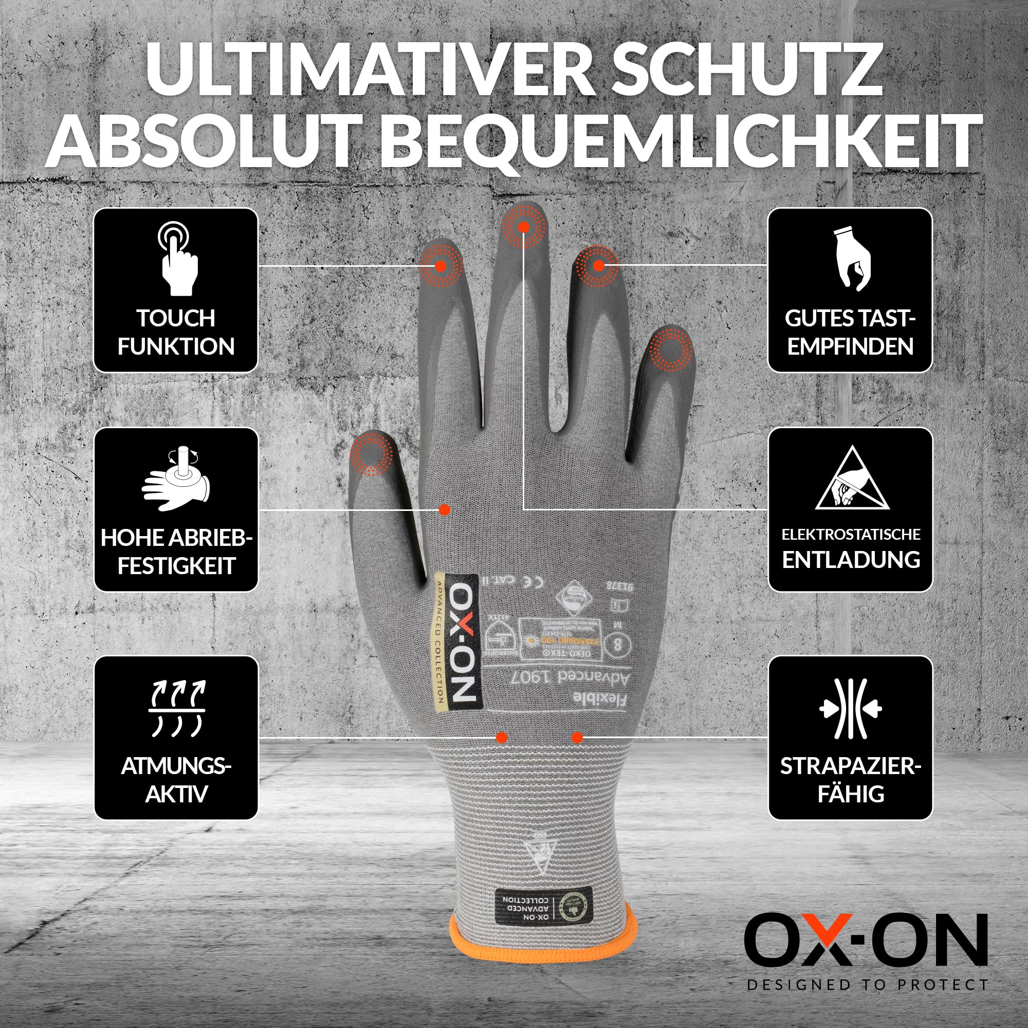 OX-ON FLEXIBLE ADVANCED 1907 Arbeitshandschuhe in Grau I 12 Paar Montagehandschuhe mit ESD-Zertifizierung & Nitrilschaumbeschichtung I Flexibel & mit Touch-Funktion I EN Zertifizierung I Gr. 11