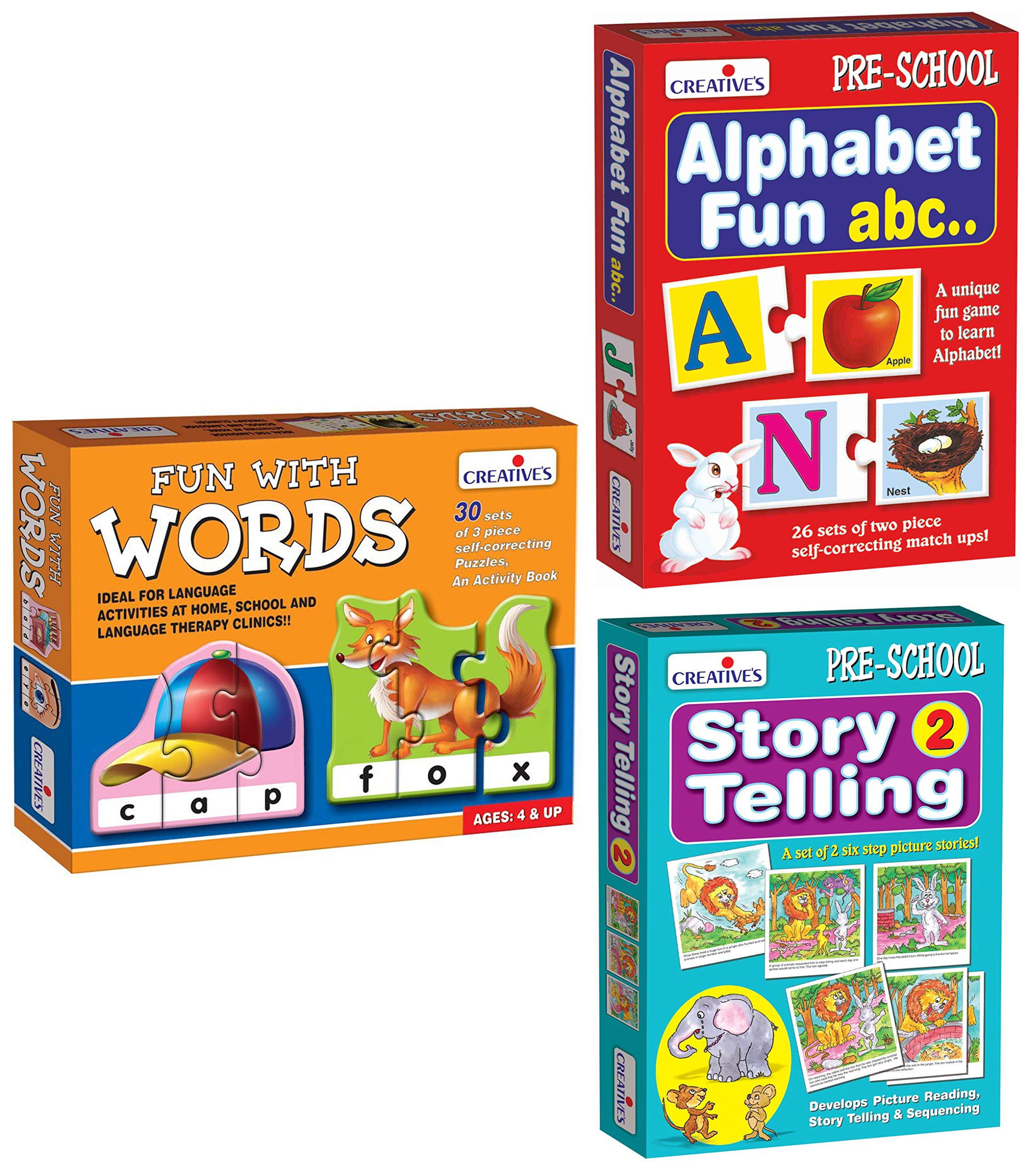 Creative Educational Aids P. Ltd. - Story Telling 2 Card Game (Multi-Color, 12 Pieces) & Fun with Words Puzzle (Multi-Color, 90 Pieces) & Alphabet Fun ABC Puzzle (Multi-Color, 52 Pieces)