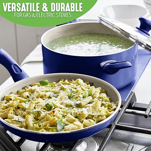 Miniatura 7 de GreenLife Sandstone Healthy Ceramic Antiadherente, juego de ollas de cocina y sartenes para freír, sin PFAS, apto para lavavajillas, azul