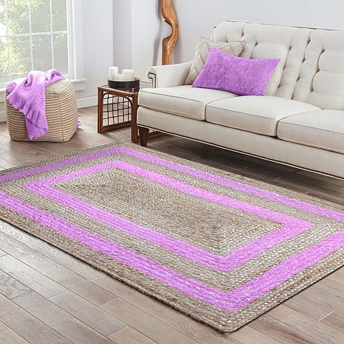 Miniatura 2 de Collection - Alfombra rectangular de 2 x 3 pies, alfombra trenzada de yute rosa, alfombra geométrica kilim para interiores y exteriores, alfombra de