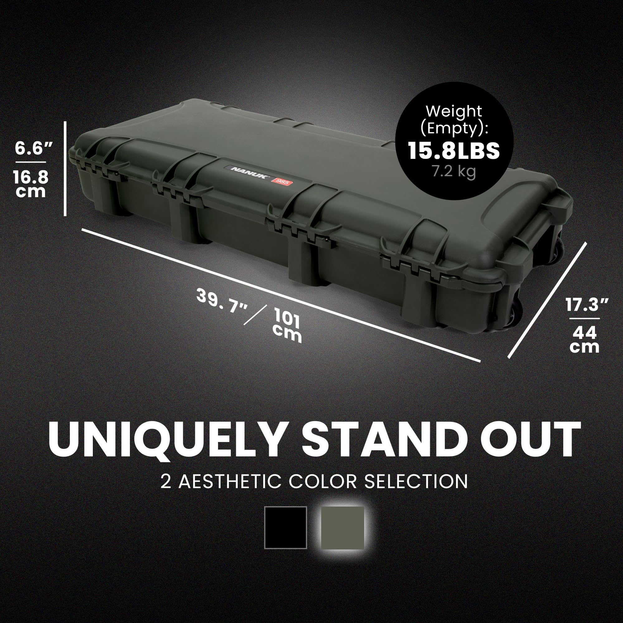 NANUK 985 Hard Case 40” with Wheels & Customizable Foam Insert, IP67 Waterproof & Crushproof, Rugged Construction for Ultimate Protection, Made in North America – Olive (39.7” x 17.3” x 6.6”)