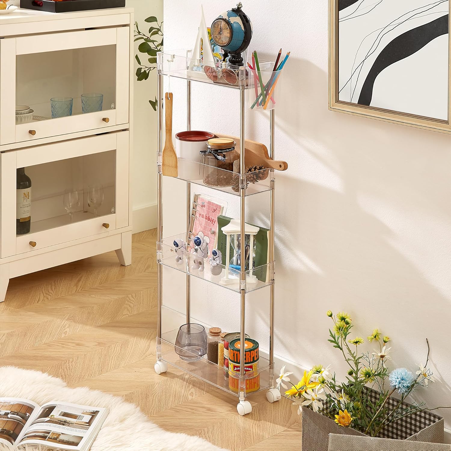 VECELO Acrylic 4-Tier Rolling Storage Cart,Multifunction Slim Utility Clear Cart Kitchen Storage Organizer,Mobile Cart with Lockable Wheels Hooks&Bucket for Home Office,Clear 4 Tier Clear White