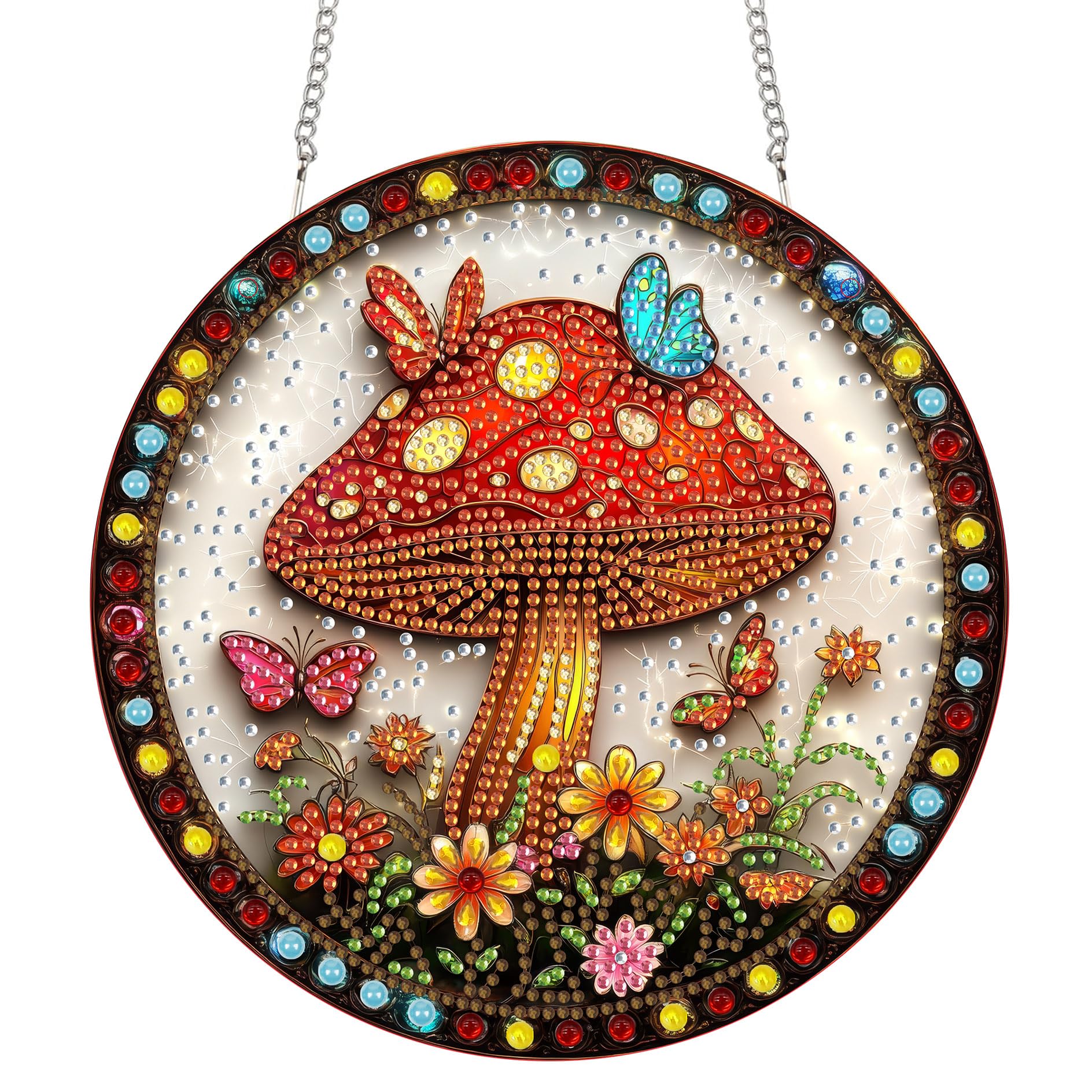 Reofrey Diamond Painting Doppelseitig Anhänger Acrylbrett mit Kette - 20x20cm Pilz Diamant Painting Fensterbilder Deko Set DIY Kristall Malerei Anhänger für Wand Fenster & Garten Schmücken