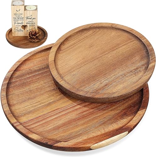 STOBAZA Bandejas decorativas de madera de acacia para mesa auxiliar, juego de 2 bandejas redondas de madera para centro de mesa, bandeja para velas,