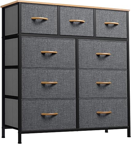 GOOBED Fabric Dresser with 9 Drawers - Storage Tower Organizer Unit for Living Room, Closets - Sturdy Steel Frame, Wooden Top & Easy Pull Fabric Bins