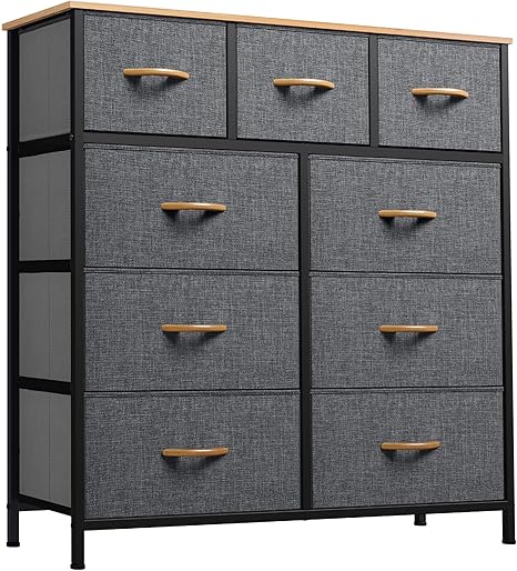 GOOBED Fabric Dresser with 9 Drawers - Storage Tower Organizer Unit for Living Room, Closets - Sturdy Steel Frame, Wooden Top & Easy Pull Fabric Bins