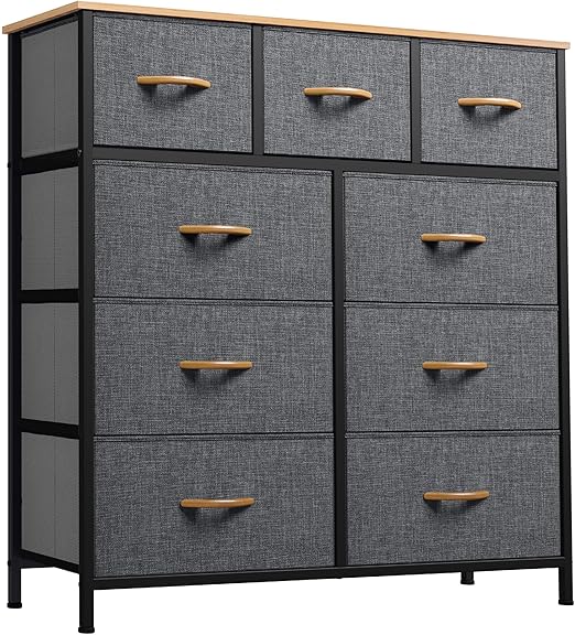 GOOBED Fabric Dresser with 9 Drawers - Storage Tower Organizer Unit for Living Room, Closets - Sturdy Steel Frame, Wooden Top & Easy Pull Fabric Bins
