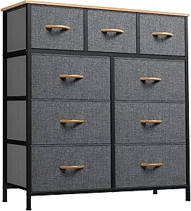 GOOBED Fabric Dresser with 9 Drawers - Storage Tower Organizer Unit for Living Room, Closets - Sturdy Steel Frame, Wooden Top & Easy Pull Fabric Bins
