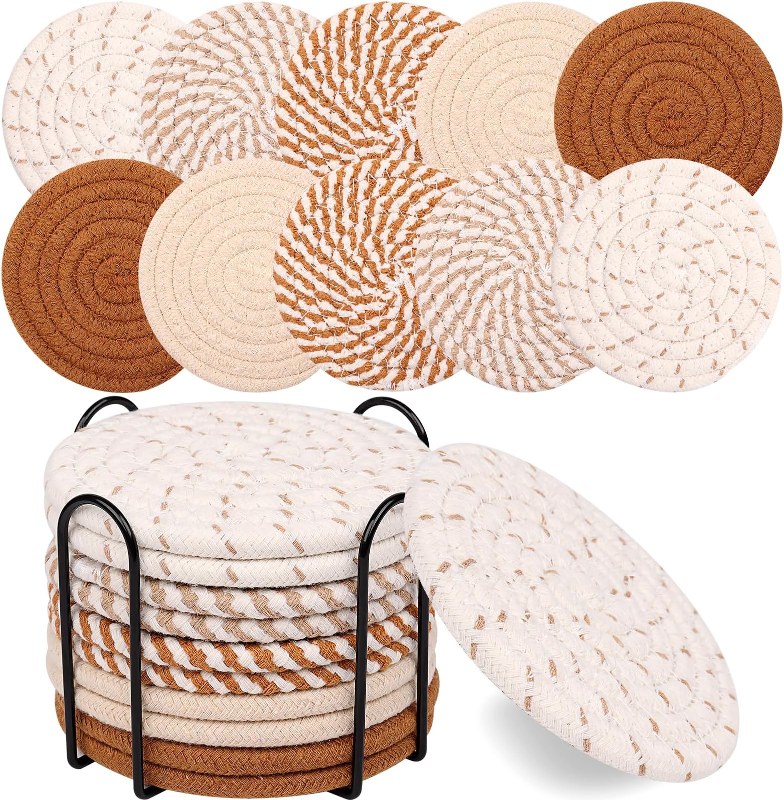 Mckanti 10 Pcs Drink Coasters with Holder, 5 Colors Absorbent Coasters for Drinks, Minimalist Boho Coasters Cotton Woven Coaster Set for Home Decor Tabletop Protection Suitable for Kinds of Cups