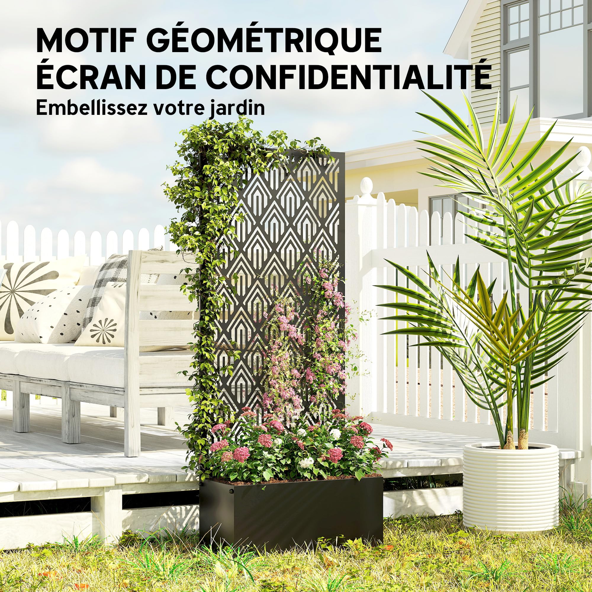 Outsunny Jardinière avec Treillis, bac à Fleurs, lit surélevé avec Brise-Vue, à Motif géométrique, pour Plantes grimpantes, légumes, Fleurs, métal, intérieur et extérieur, 45x21,5x110cm, Noir