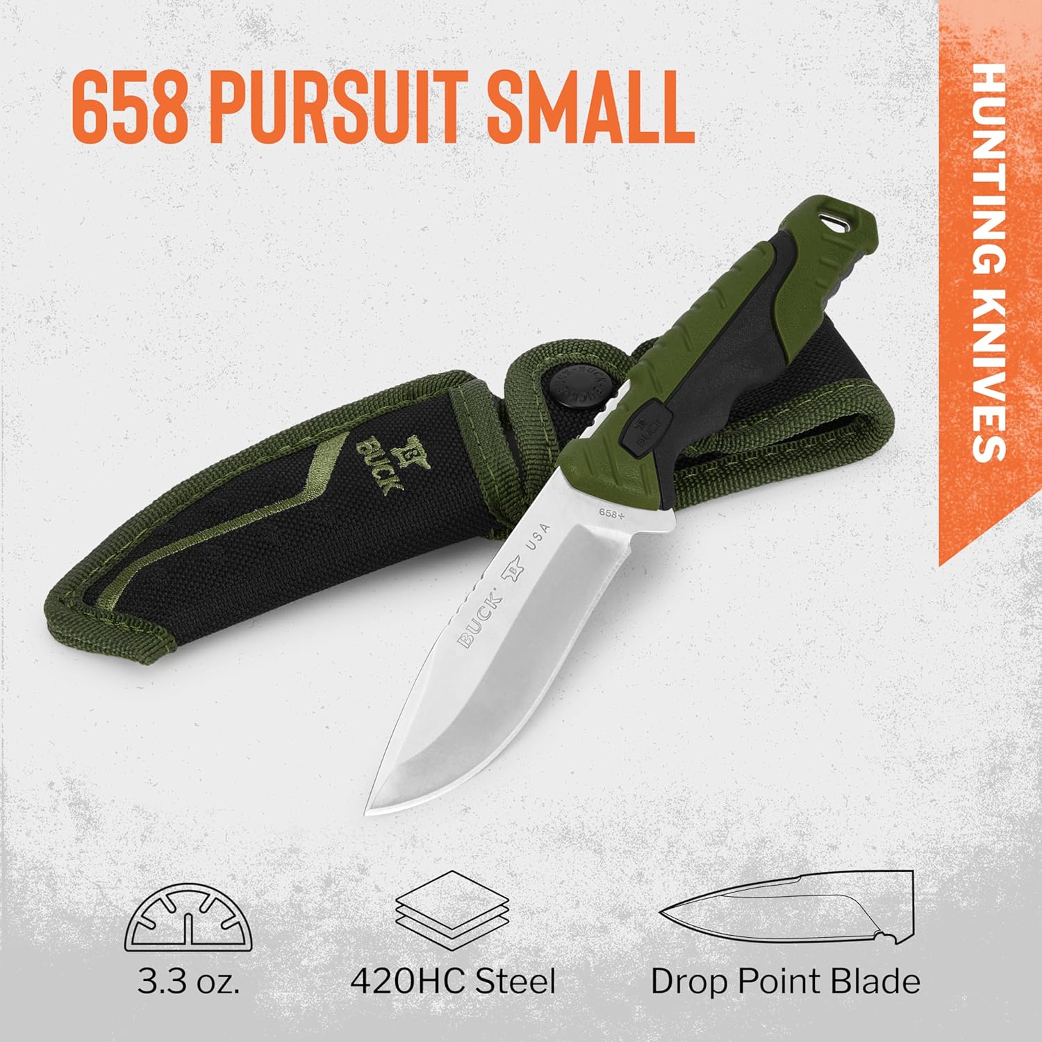 Buck Knives 658 Small Pursuit Hunting Knife, 3-3/4" Fixed Blade, Glass Filled Nylon Handle, 420HC Stainless Steel Drop Point Blade, Sheath Included, Knife Made in the USA, Green, 3.3 oz