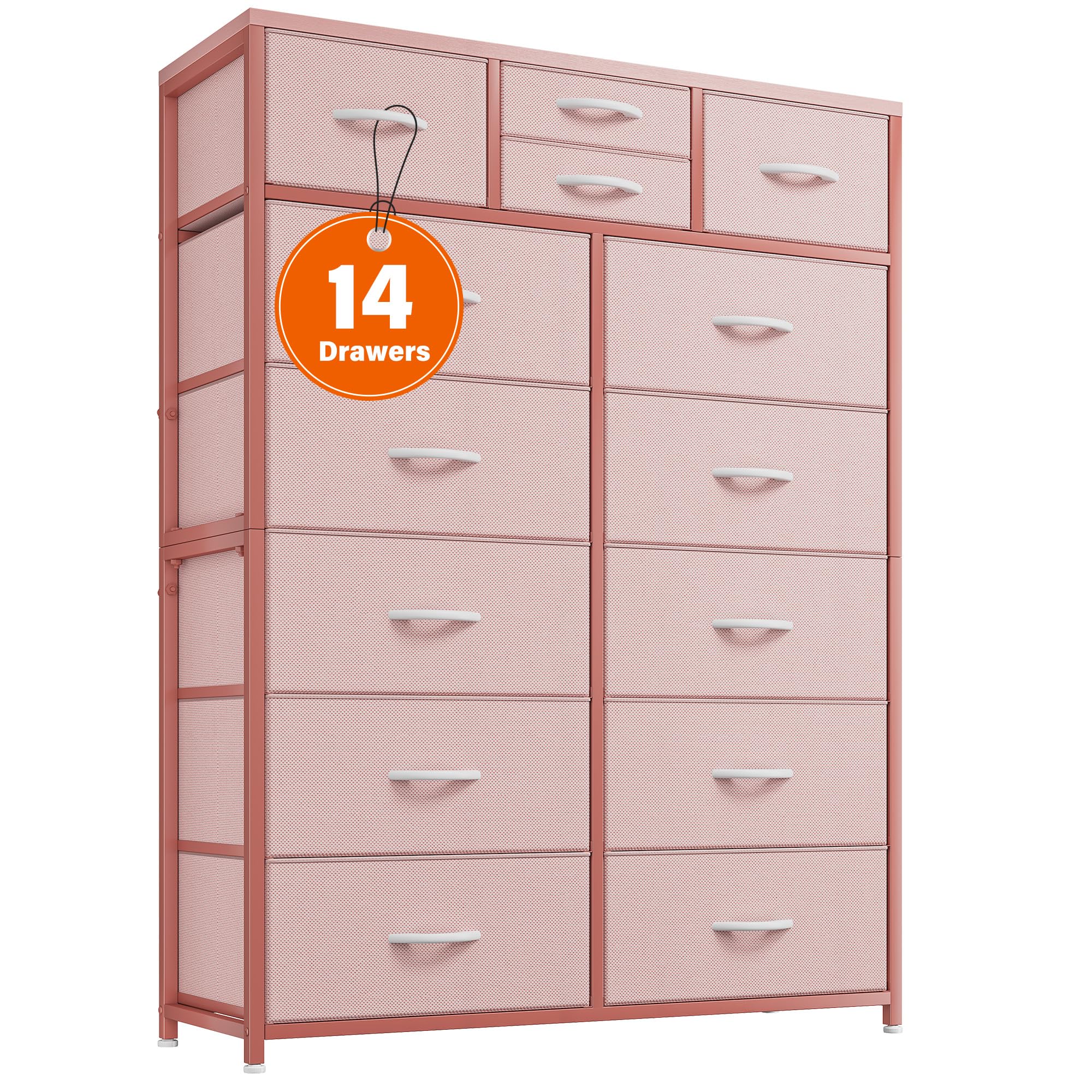 EnHomee Pink Dresser, Dresser for Bedroom with 14 Fabric Drawers, Dressers  Chest of Drawers for Living Room, Wooden Top, Sturdy Metal Frame, D