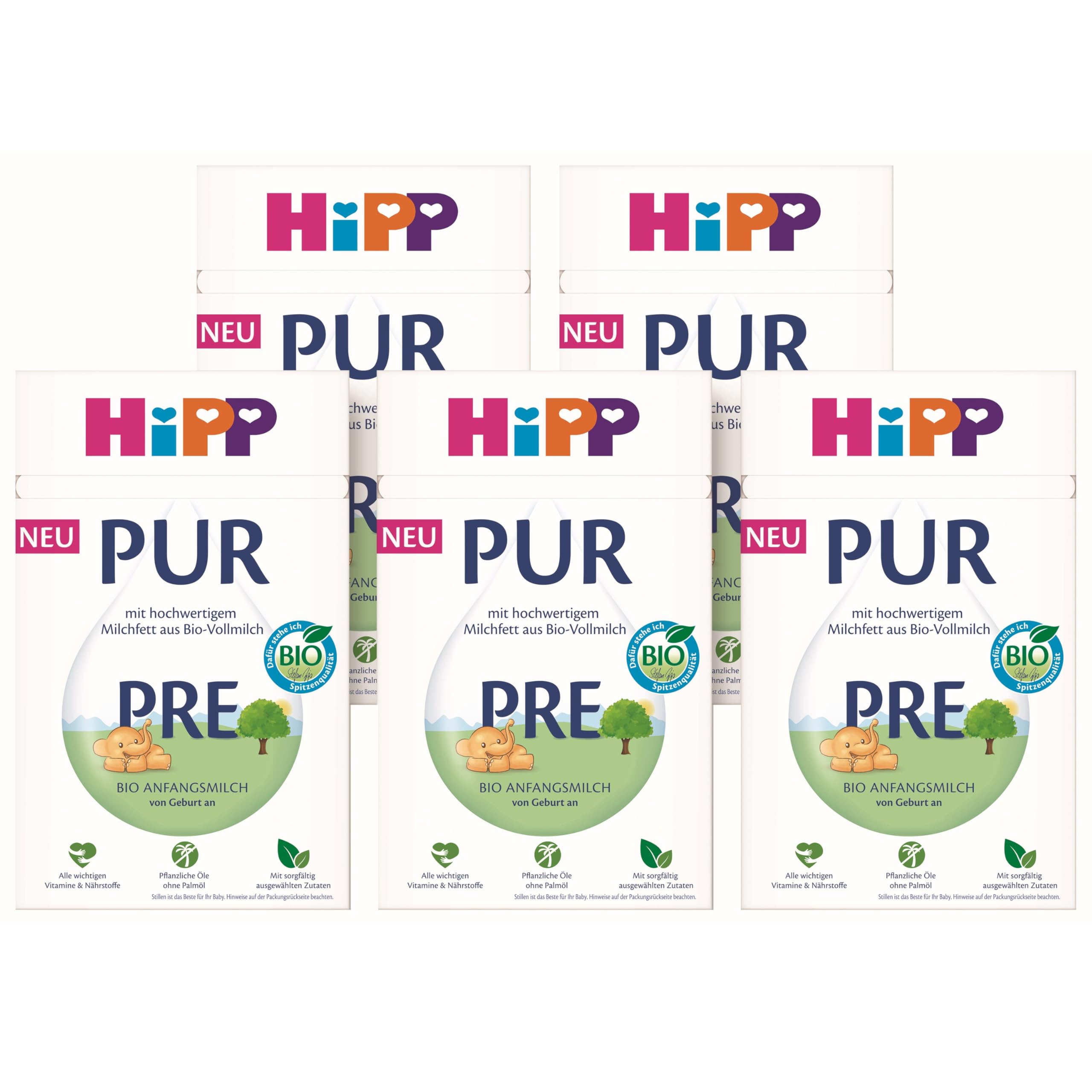 HiPP PRE PUR Anfangsmilch (5 x 500g), von Geburt an, mit hochwertigem Milchfett aus Bio-Vollmilch, ohne Palmöl, nur Lactose, mit wichtigen Vitaminen & Nährstoffen, in bester Bio-Qualität