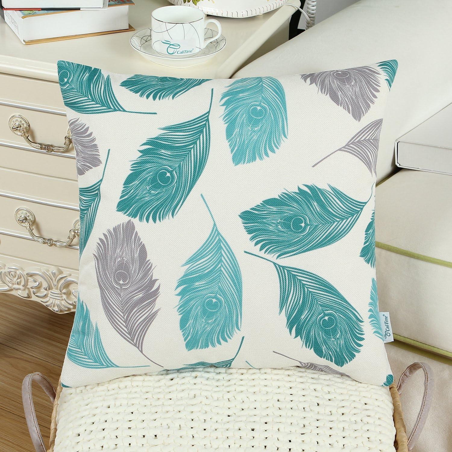 CaliTime Canvas Throw Pillow Cover Case for Couch Sofa Home Decoration Peacock Feathers 16 X 16 Inches Grey Teal Turquoise
