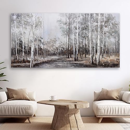 Miniatura 6 de Arte de pared de árbol de abedul blanco, pintura de bosque gris, lienzo abstracto, paisaje, imagen panorámica, obra de arte de la naturaleza,