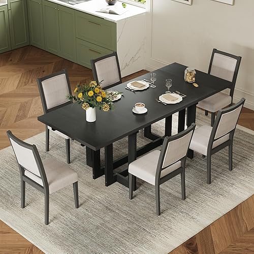 Miniatura 21 de Juego de mesa de comedor de 6 piezas, mesa de comedor de madera y 4 sillas y banco tapizados con esquinas lisas, juego de comedor para 6 personas