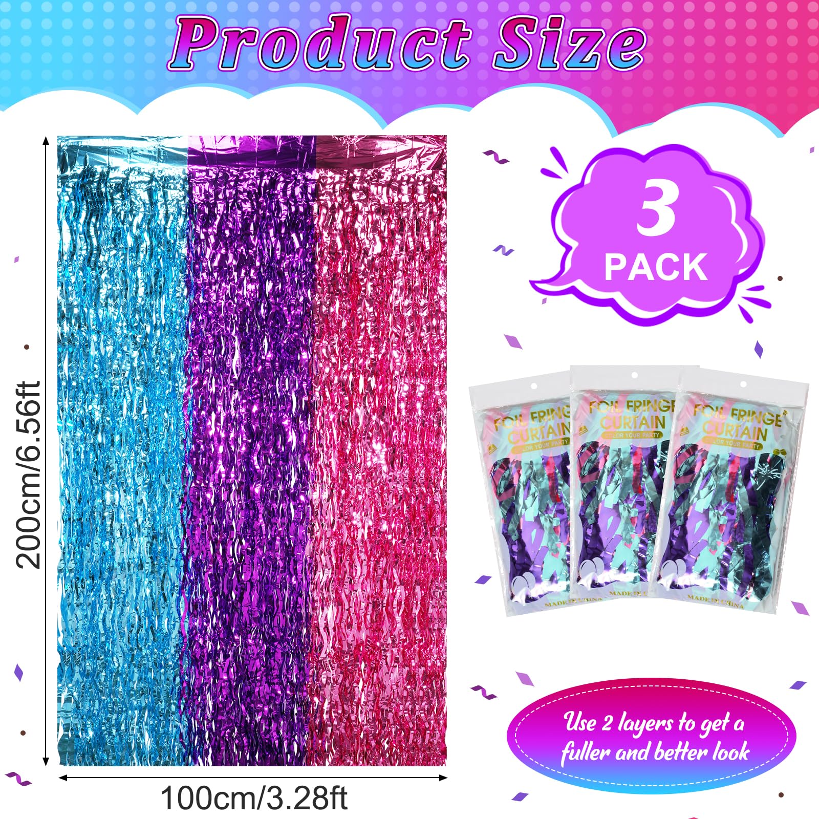 Meerjungfrauen-Folienvorhang – 2 Stück, Lila-blau-rosa, 1x2 M, Mit Klebeband Für Party-Deko