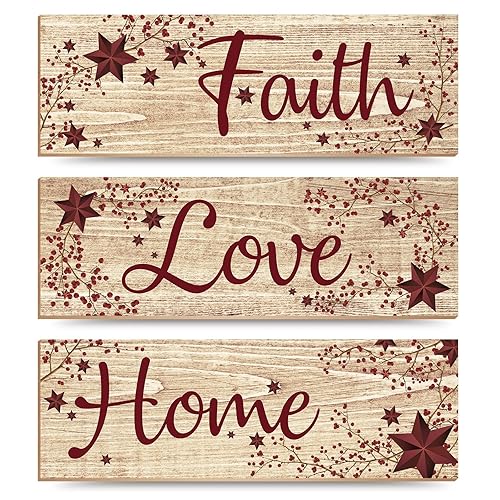 3 Pieces Faith Love Hope Wooden Signs Country Stars Berries